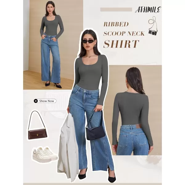 imageATHMILE Womens Long Sleeve Scoop Neck Ribbed Knit Fitted Casual Tops Tee Slim Basic ShirtsDark Gray