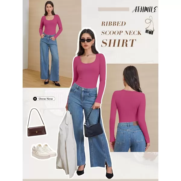 imageATHMILE Womens Long Sleeve Scoop Neck Ribbed Knit Fitted Casual Tops Tee Slim Basic ShirtsHot Pink