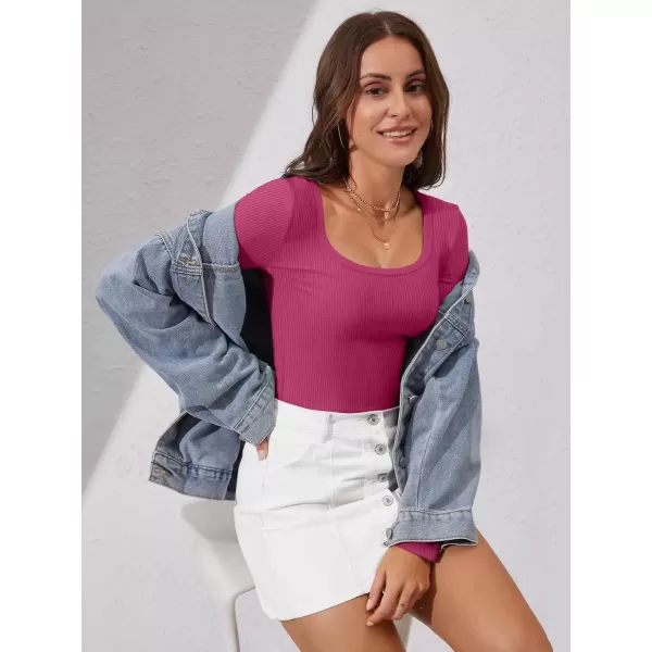 imageATHMILE Womens Long Sleeve Scoop Neck Ribbed Knit Fitted Casual Tops Tee Slim Basic ShirtsHot Pink