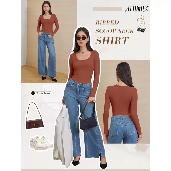 imageATHMILE Womens Long Sleeve Scoop Neck Ribbed Knit Fitted Casual Tops Tee Slim Basic ShirtsDark Orange