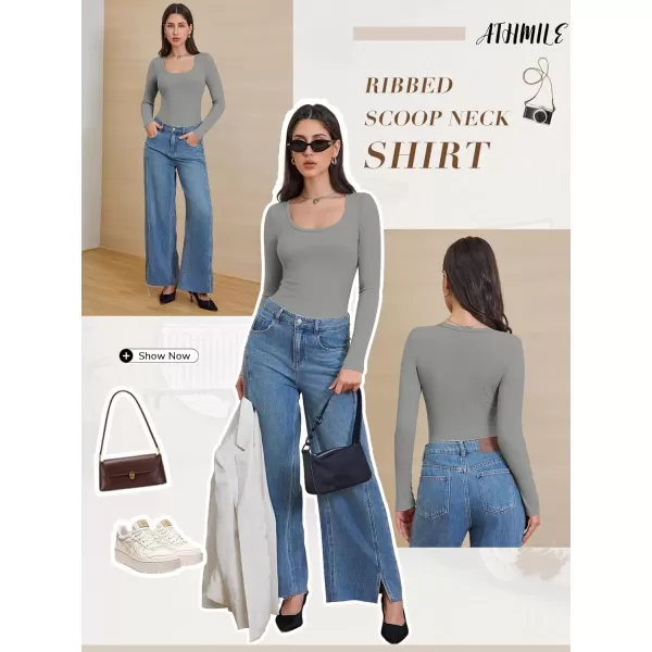 imageATHMILE Womens Long Sleeve Scoop Neck Ribbed Knit Fitted Casual Tops Tee Slim Basic ShirtsGrey