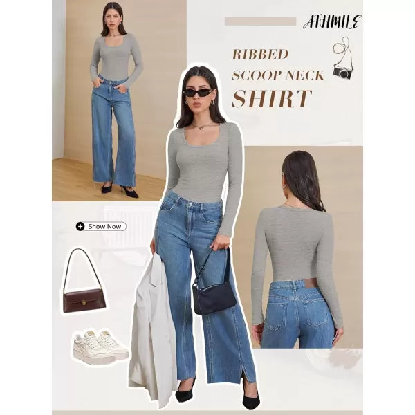 imageATHMILE Womens Long Sleeve Scoop Neck Ribbed Knit Fitted Casual Tops Tee Slim Basic ShirtsHeather Grey