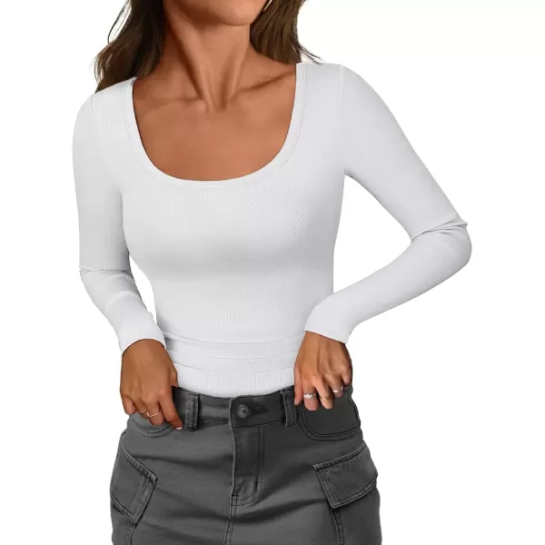 imageATHMILE Womens Long Sleeve Scoop Neck Ribbed Knit Fitted Casual Tops Tee Slim Basic ShirtsWhite