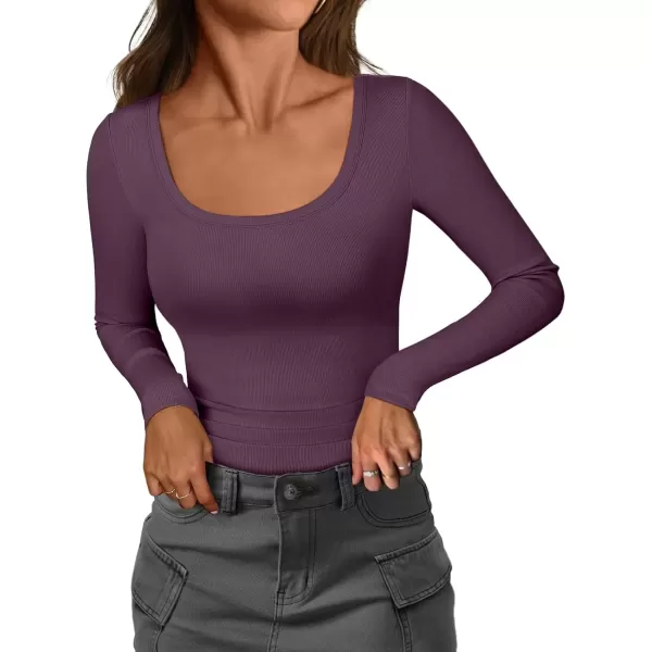 imageATHMILE Womens Long Sleeve Scoop Neck Ribbed Knit Fitted Casual Tops Tee Slim Basic ShirtsPurple