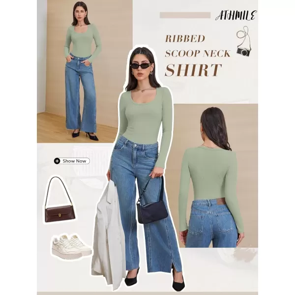 imageATHMILE Womens Long Sleeve Scoop Neck Ribbed Knit Fitted Casual Tops Tee Slim Basic ShirtsGrass Green