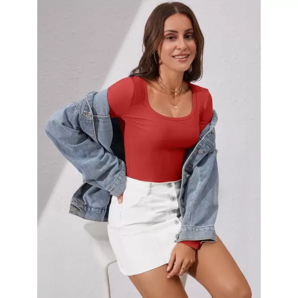 imageATHMILE Womens Long Sleeve Scoop Neck Ribbed Knit Fitted Casual Tops Tee Slim Basic ShirtsRed
