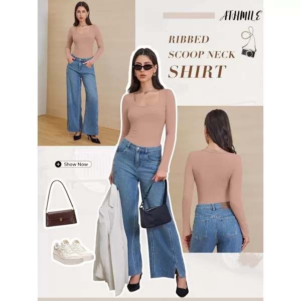 imageATHMILE Womens Long Sleeve Scoop Neck Ribbed Knit Fitted Casual Tops Tee Slim Basic ShirtsPink
