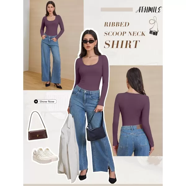 imageATHMILE Womens Long Sleeve Scoop Neck Ribbed Knit Fitted Casual Tops Tee Slim Basic ShirtsPurple