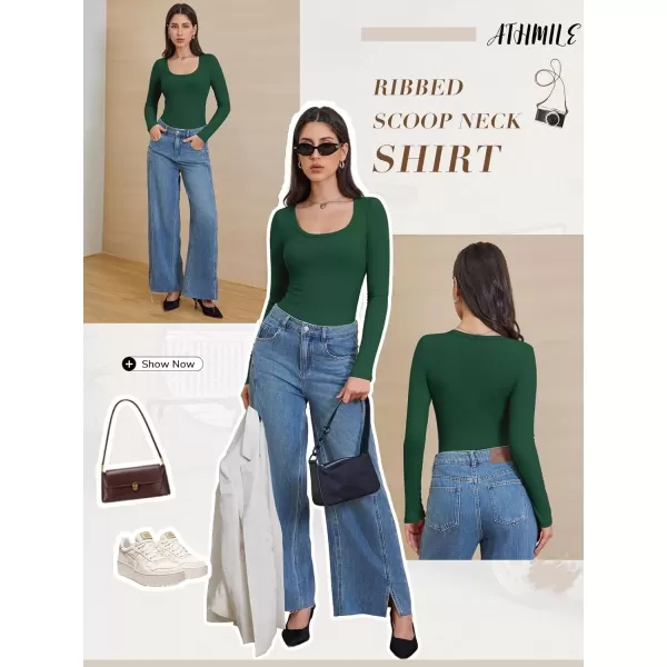 imageATHMILE Womens Long Sleeve Scoop Neck Ribbed Knit Fitted Casual Tops Tee Slim Basic ShirtsDark Green