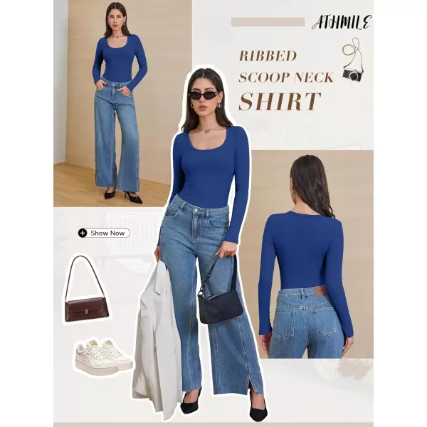 imageATHMILE Womens Long Sleeve Scoop Neck Ribbed Knit Fitted Casual Tops Tee Slim Basic ShirtsRoyal Blue