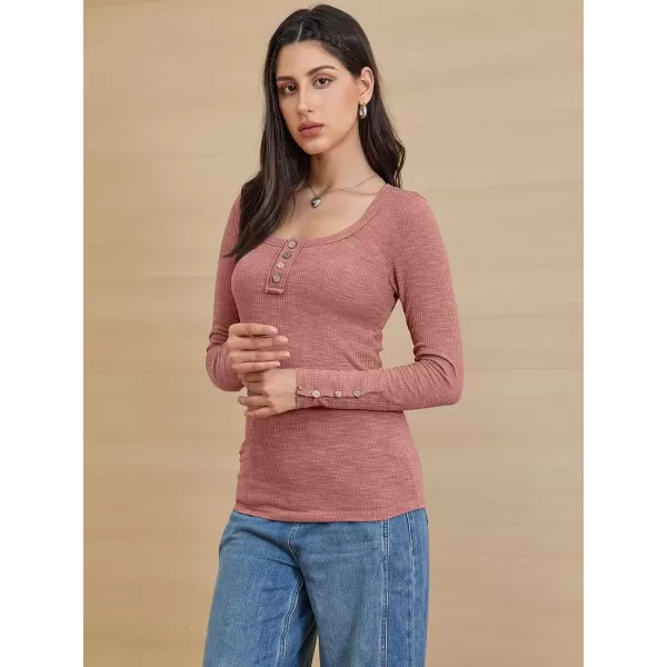 imageATHMILE Womens Long Sleeve Shirts Casual Fall Henley Top Button Down Blouses Basic Ribbed Knit T Shirts 2024Pink
