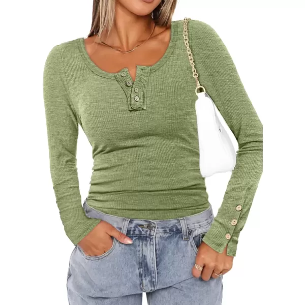 imageATHMILE Womens Long Sleeve Shirts Casual Fall Henley Top Button Down Blouses Basic Ribbed Knit T Shirts 2024Lightgreen