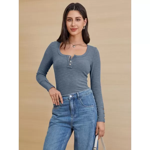 imageATHMILE Womens Long Sleeve Shirts Casual Fall Henley Top Button Down Blouses Basic Ribbed Knit T Shirts 2024Blue