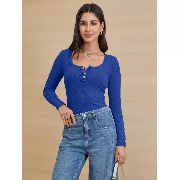 imageATHMILE Womens Long Sleeve Shirts Casual Fall Henley Top Button Down Blouses Basic Ribbed Knit T Shirts 2024Sapphireblue