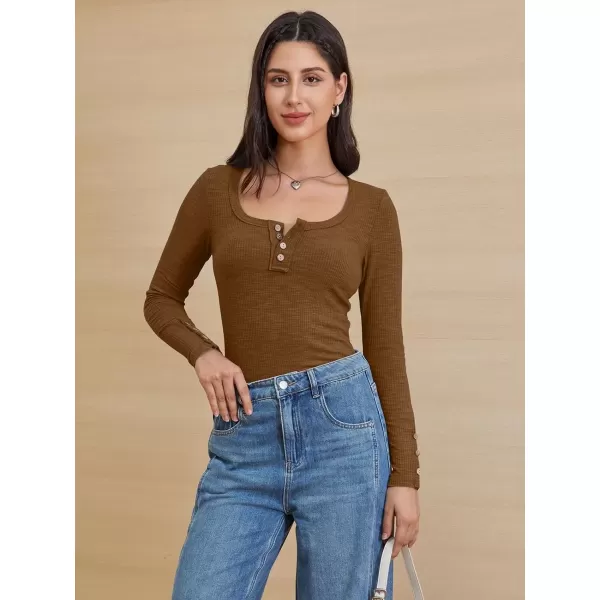imageATHMILE Womens Long Sleeve Shirts Casual Fall Henley Top Button Down Blouses Basic Ribbed Knit T Shirts 2024Lightbrown