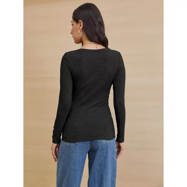 imageATHMILE Womens Long Sleeve Shirts Casual Fall Henley Top Button Down Blouses Basic Ribbed Knit T Shirts 2024Black