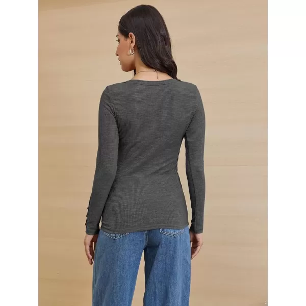imageATHMILE Womens Long Sleeve Shirts Casual Fall Henley Top Button Down Blouses Basic Ribbed Knit T Shirts 2024Darkgrey