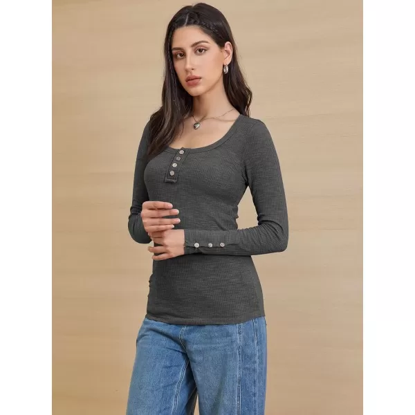 imageATHMILE Womens Long Sleeve Shirts Casual Fall Henley Top Button Down Blouses Basic Ribbed Knit T Shirts 2024Darkgrey