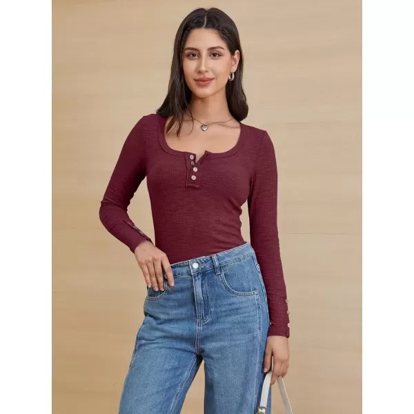imageATHMILE Womens Long Sleeve Shirts Casual Fall Henley Top Button Down Blouses Basic Ribbed Knit T Shirts 2024Winered