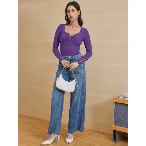 imageATHMILE Womens Long Sleeve Shirts Casual Fall Henley Top Button Down Blouses Basic Ribbed Knit T Shirts 2024Purple