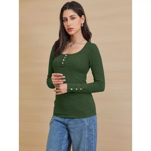 imageATHMILE Womens Long Sleeve Shirts Casual Fall Henley Top Button Down Blouses Basic Ribbed Knit T Shirts 2024Armygreen