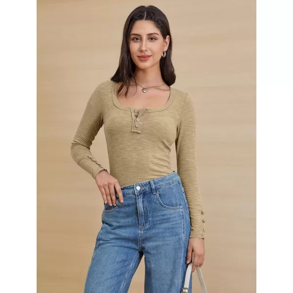 imageATHMILE Womens Long Sleeve Shirts Casual Fall Henley Top Button Down Blouses Basic Ribbed Knit T Shirts 2024Beige