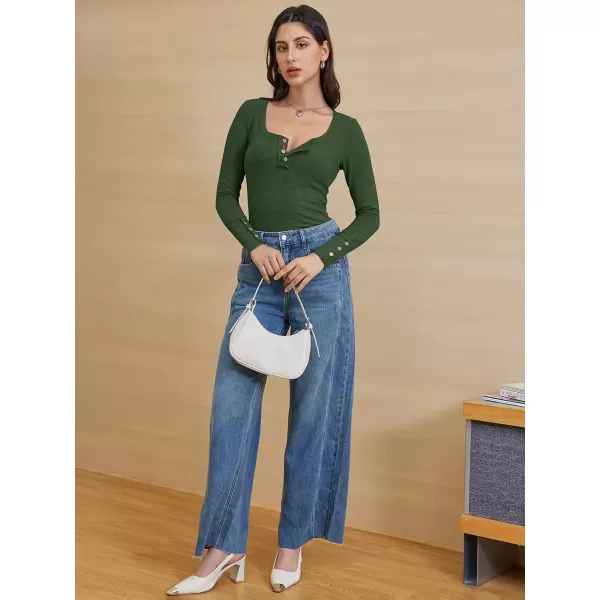 imageATHMILE Womens Long Sleeve Shirts Casual Fall Henley Top Button Down Blouses Basic Ribbed Knit T Shirts 2024Armygreen