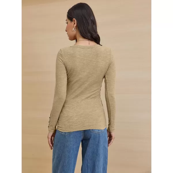 imageATHMILE Womens Long Sleeve Shirts Casual Fall Henley Top Button Down Blouses Basic Ribbed Knit T Shirts 2024Beige