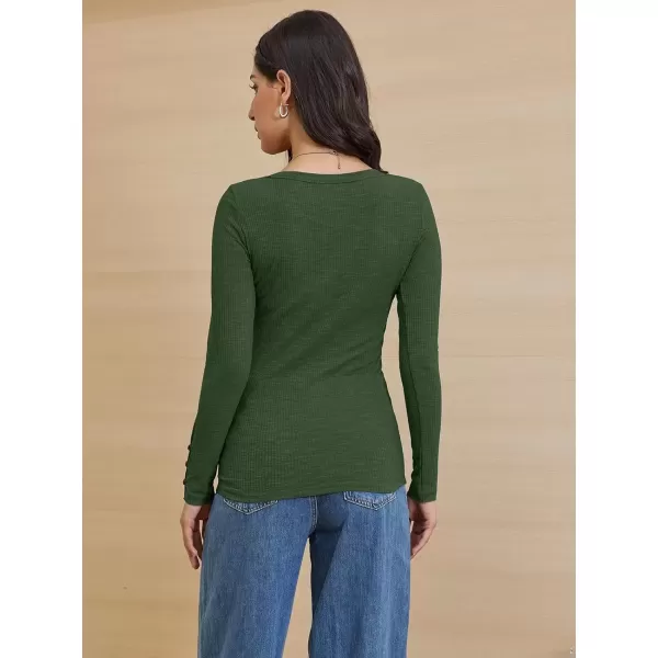 imageATHMILE Womens Long Sleeve Shirts Casual Fall Henley Top Button Down Blouses Basic Ribbed Knit T Shirts 2024Armygreen