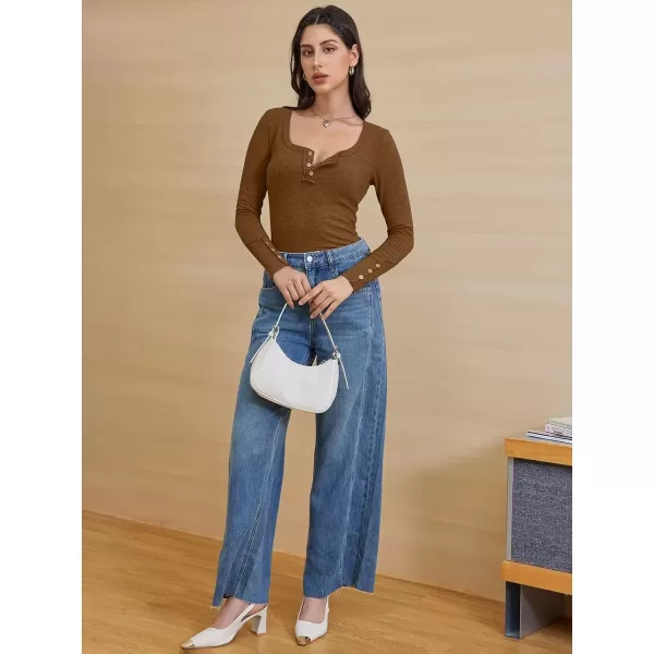 imageATHMILE Womens Long Sleeve Shirts Casual Fall Henley Top Button Down Blouses Basic Ribbed Knit T Shirts 2024Lightbrown