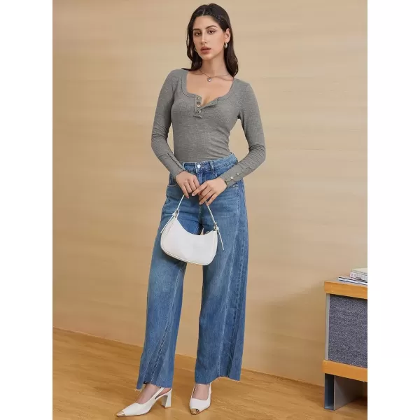 imageATHMILE Womens Long Sleeve Shirts Casual Fall Henley Top Button Down Blouses Basic Ribbed Knit T Shirts 2024Grey