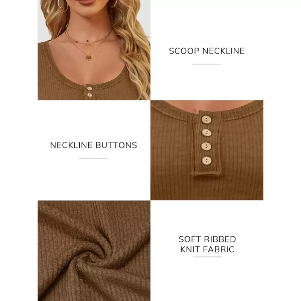 imageATHMILE Womens Long Sleeve Shirts Casual Fall Henley Top Button Down Blouses Basic Ribbed Knit T Shirts 2024Lightbrown