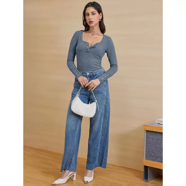 imageATHMILE Womens Long Sleeve Shirts Casual Fall Henley Top Button Down Blouses Basic Ribbed Knit T Shirts 2024Blue