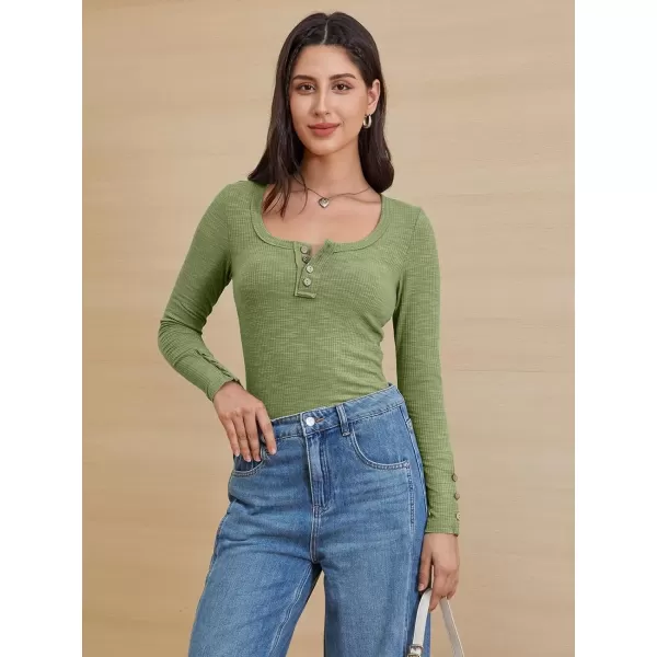 imageATHMILE Womens Long Sleeve Shirts Casual Fall Henley Top Button Down Blouses Basic Ribbed Knit T Shirts 2024Lightgreen