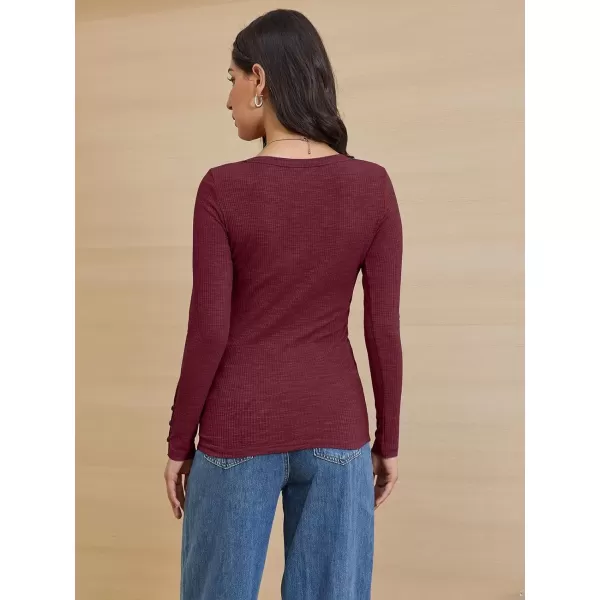 imageATHMILE Womens Long Sleeve Shirts Casual Fall Henley Top Button Down Blouses Basic Ribbed Knit T Shirts 2024Winered