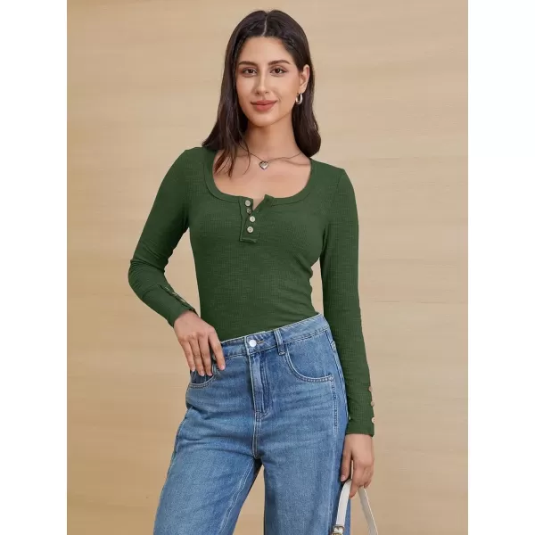 imageATHMILE Womens Long Sleeve Shirts Casual Fall Henley Top Button Down Blouses Basic Ribbed Knit T Shirts 2024Armygreen
