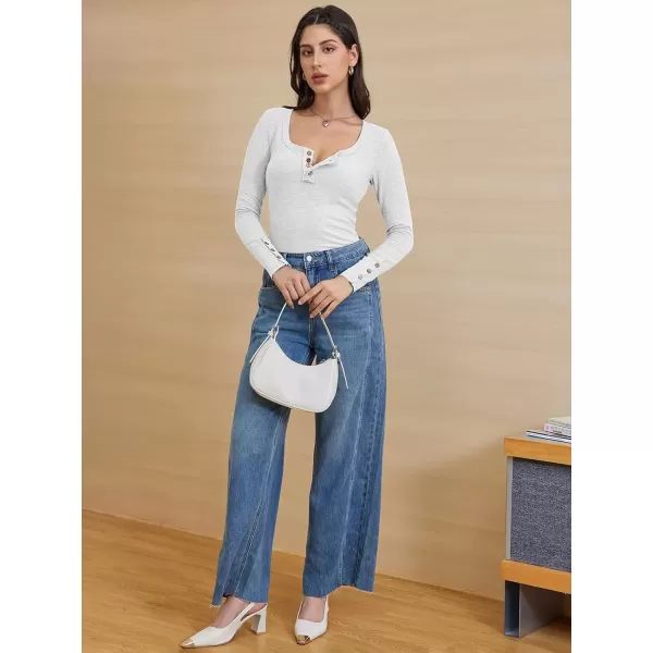 imageATHMILE Womens Long Sleeve Shirts Casual Fall Henley Top Button Down Blouses Basic Ribbed Knit T Shirts 2024White