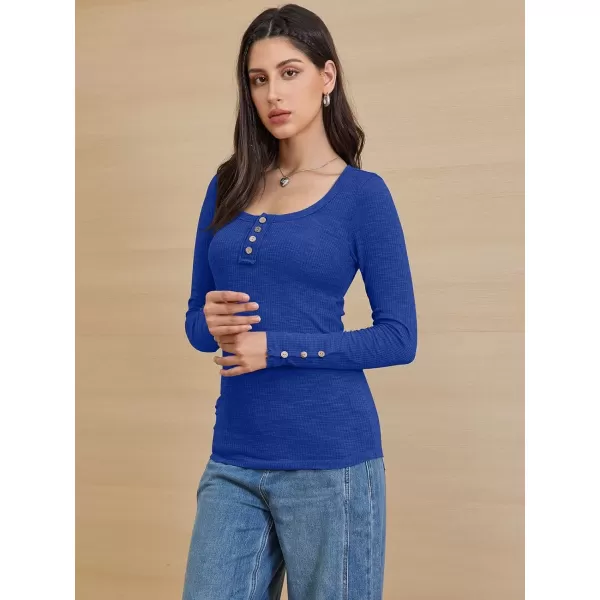 imageATHMILE Womens Long Sleeve Shirts Casual Fall Henley Top Button Down Blouses Basic Ribbed Knit T Shirts 2024Sapphireblue