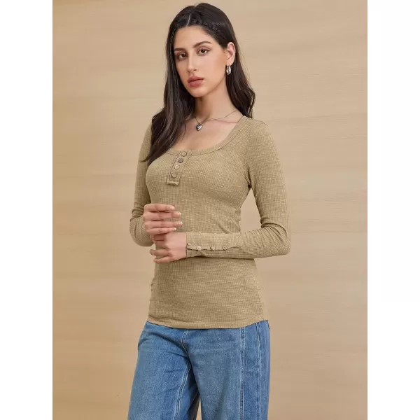 imageATHMILE Womens Long Sleeve Shirts Casual Fall Henley Top Button Down Blouses Basic Ribbed Knit T Shirts 2024Beige