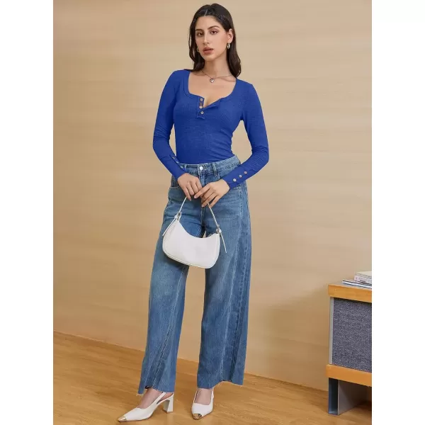 imageATHMILE Womens Long Sleeve Shirts Casual Fall Henley Top Button Down Blouses Basic Ribbed Knit T Shirts 2024Sapphireblue