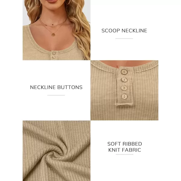 imageATHMILE Womens Long Sleeve Shirts Casual Fall Henley Top Button Down Blouses Basic Ribbed Knit T Shirts 2024Beige