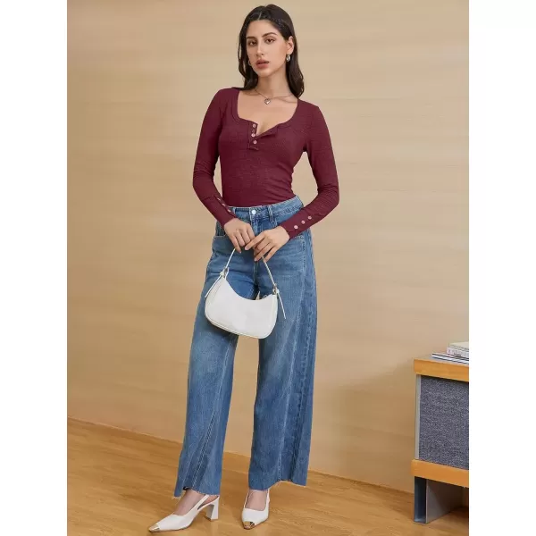 imageATHMILE Womens Long Sleeve Shirts Casual Fall Henley Top Button Down Blouses Basic Ribbed Knit T Shirts 2024Winered