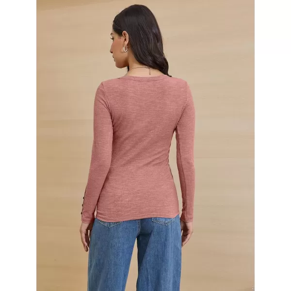 imageATHMILE Womens Long Sleeve Shirts Casual Fall Henley Top Button Down Blouses Basic Ribbed Knit T Shirts 2024Pink
