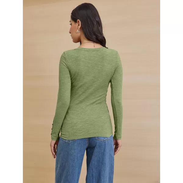 imageATHMILE Womens Long Sleeve Shirts Casual Fall Henley Top Button Down Blouses Basic Ribbed Knit T Shirts 2024Lightgreen