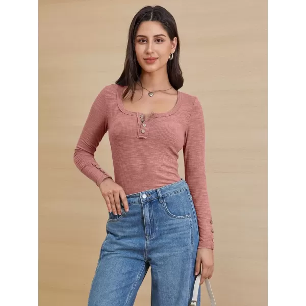 imageATHMILE Womens Long Sleeve Shirts Casual Fall Henley Top Button Down Blouses Basic Ribbed Knit T Shirts 2024Pink