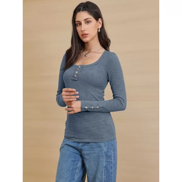 imageATHMILE Womens Long Sleeve Shirts Casual Fall Henley Top Button Down Blouses Basic Ribbed Knit T Shirts 2024Blue