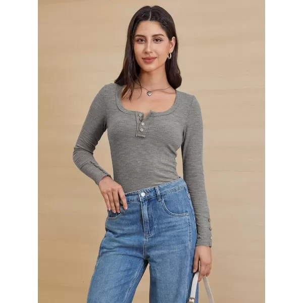 imageATHMILE Womens Long Sleeve Shirts Casual Fall Henley Top Button Down Blouses Basic Ribbed Knit T Shirts 2024Grey