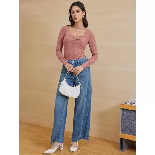 imageATHMILE Womens Long Sleeve Shirts Casual Fall Henley Top Button Down Blouses Basic Ribbed Knit T Shirts 2024Pink
