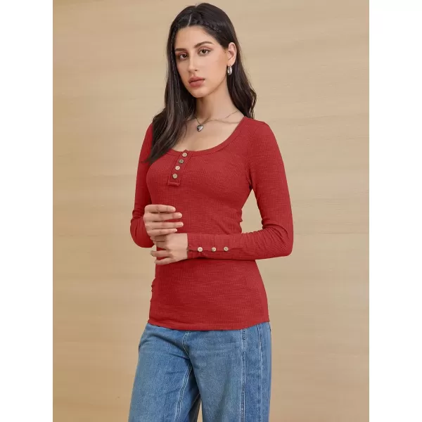 imageATHMILE Womens Long Sleeve Shirts Casual Fall Henley Top Button Down Blouses Basic Ribbed Knit T Shirts 2024Red