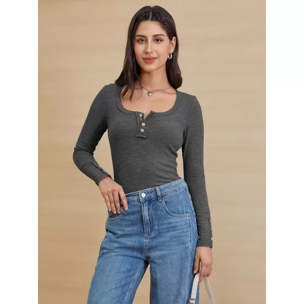 imageATHMILE Womens Long Sleeve Shirts Casual Fall Henley Top Button Down Blouses Basic Ribbed Knit T Shirts 2024Darkgrey